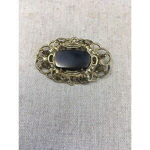 VTG Freirich Gold Tone Black Faceted Glass Filigree Frame Floral Motif Brooch